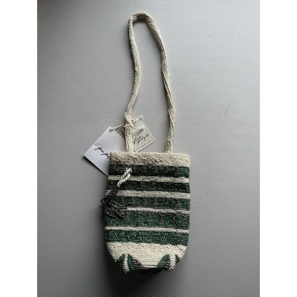 FREE PEOPLE Beaded Tassel Pouch NWT Green Ivory Drawstring Beaded Bag - Picture 8 of 13
